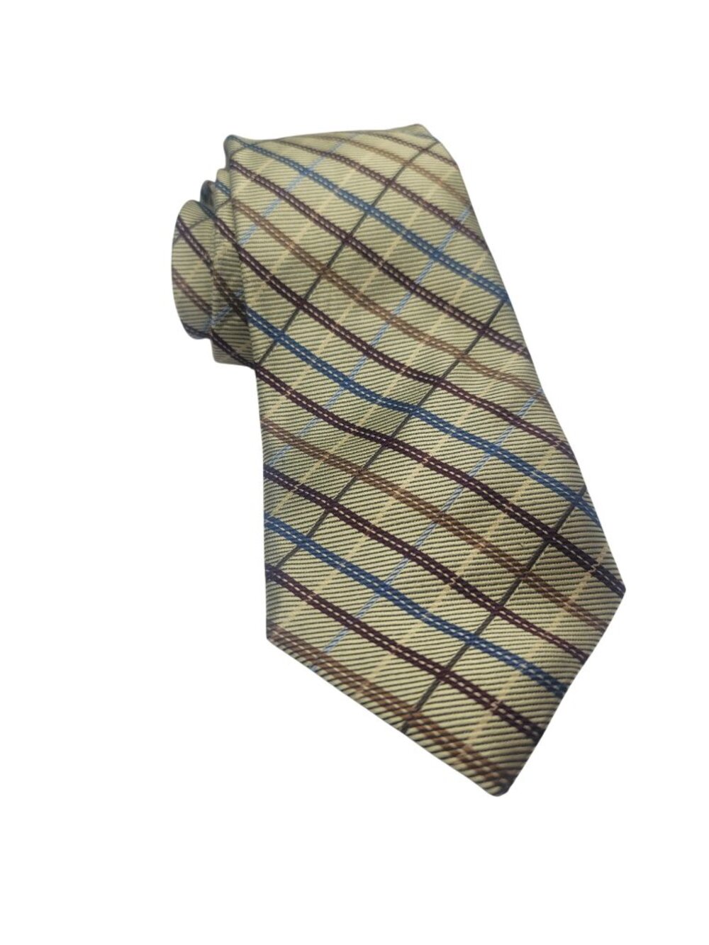T. Harris London Plaid Mens Silk Tie - Beige Brown & Blue Pattern